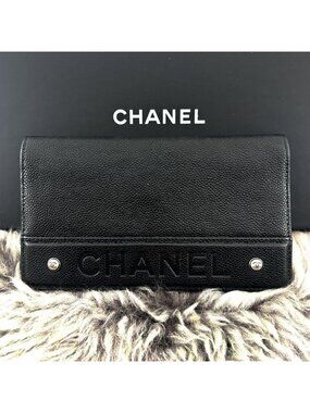 Chanel Wallet Logo Embossed Caviar Leather